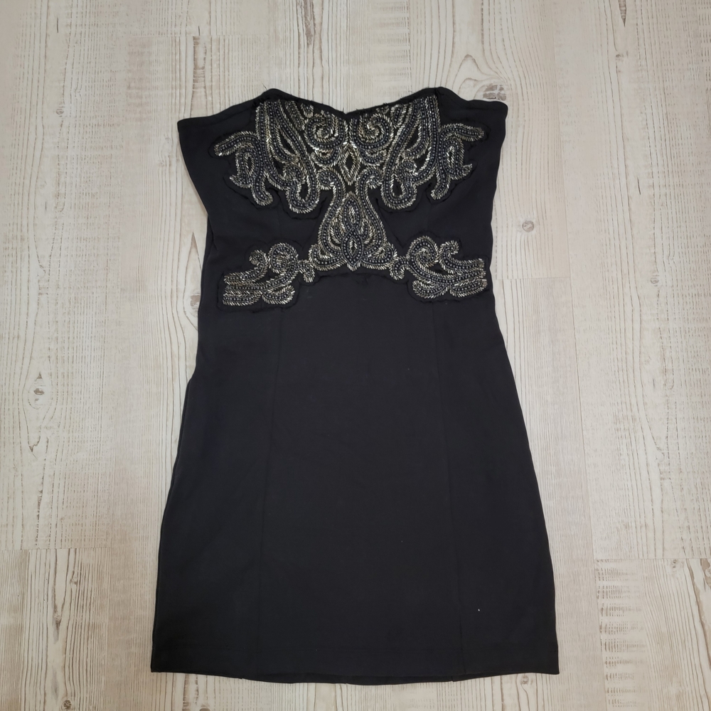Free People Black Delhi Embellished Beaded Strapless Bodycon Mini Dress Large